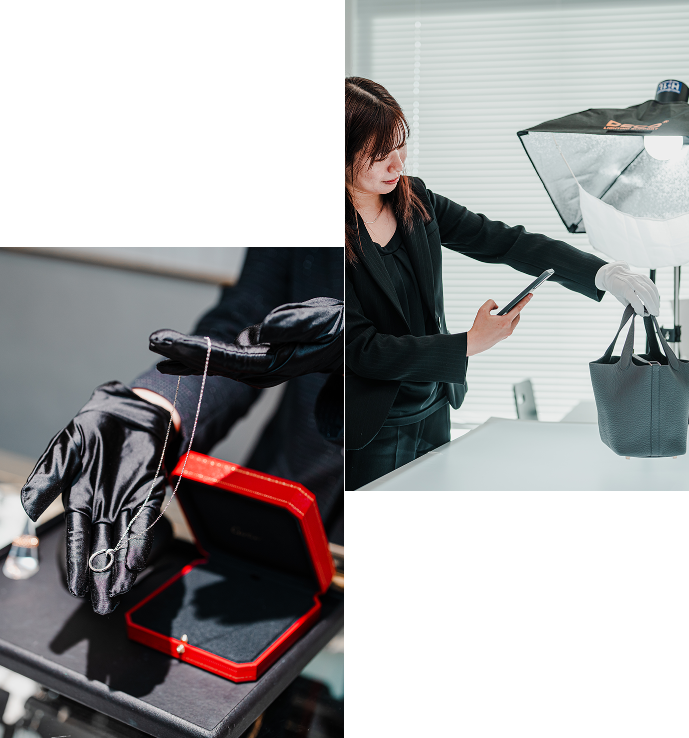 撮影機材の前でバッグを撮影するスタッフと、黒い手袋で赤いケース上のネックレスを扱う様子