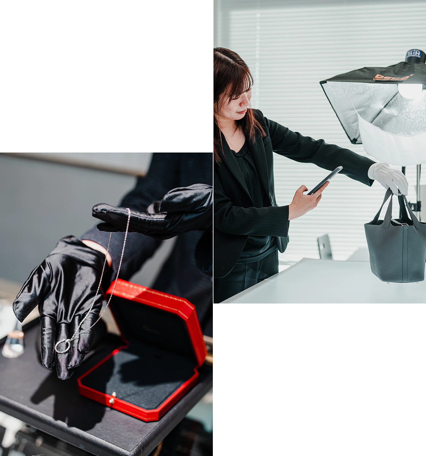 撮影機材の前でバッグを撮影するスタッフと、黒い手袋で赤いケース上のネックレスを扱う様子